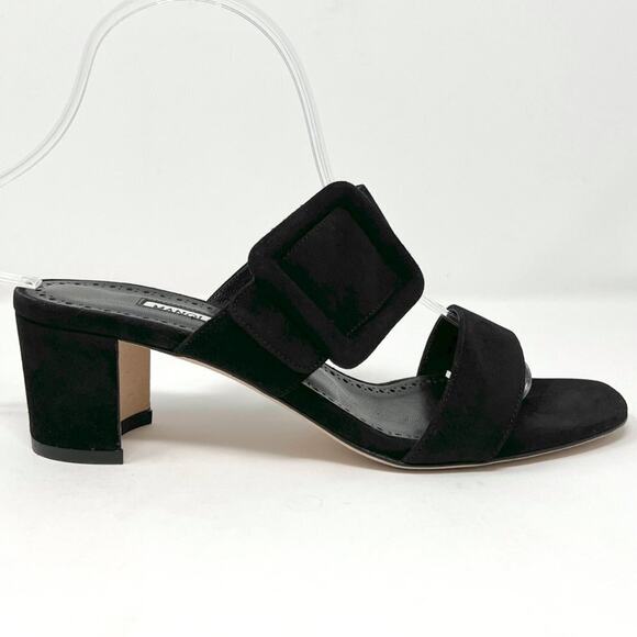 Manolo Blahnik Titubanew Black Suede Buckle Mules 38 50mm Block Heel - Picture 3 of 10